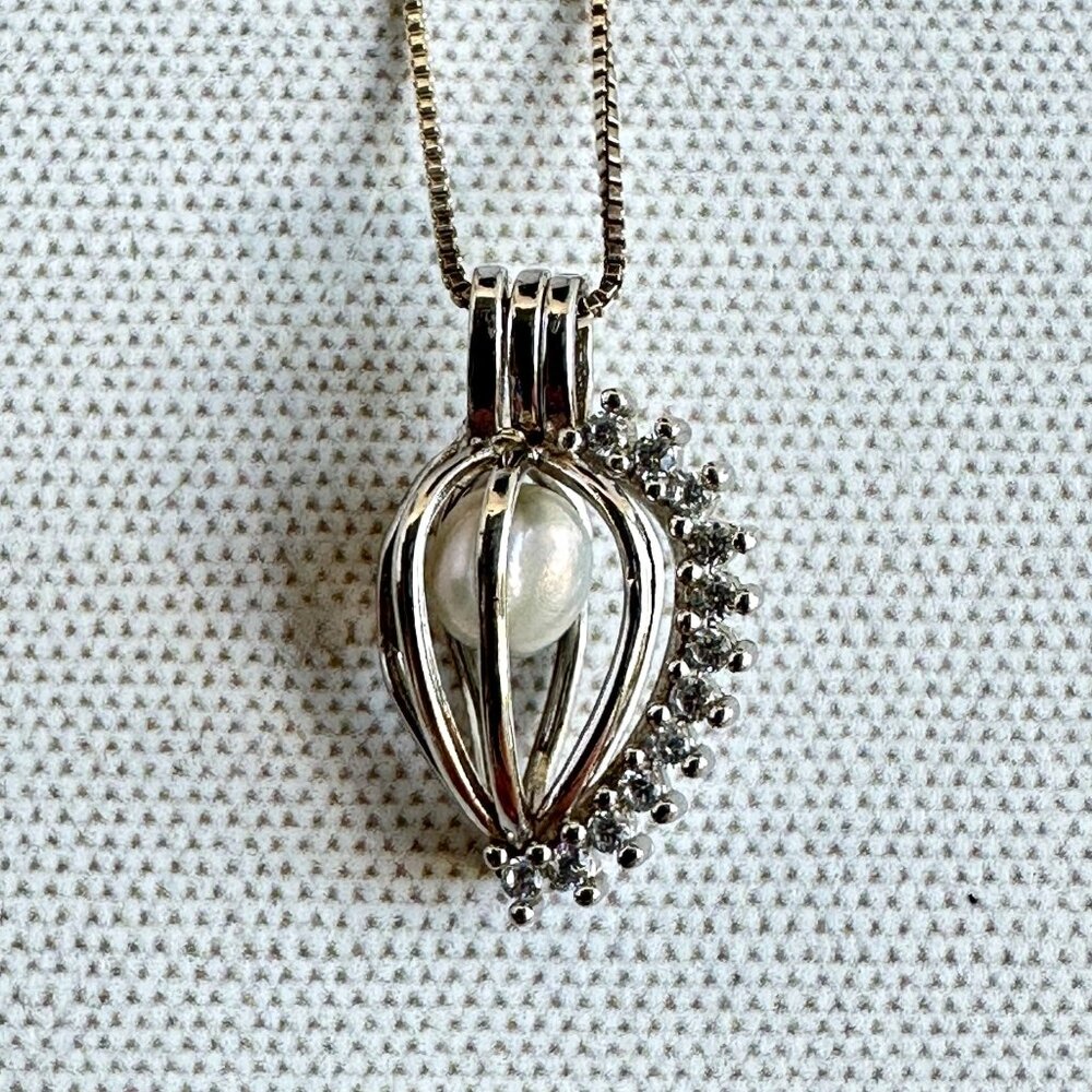 Cultured Freshwater Pearl Pendant Necklace 7-8mm In 925 Sterling Silver Cage